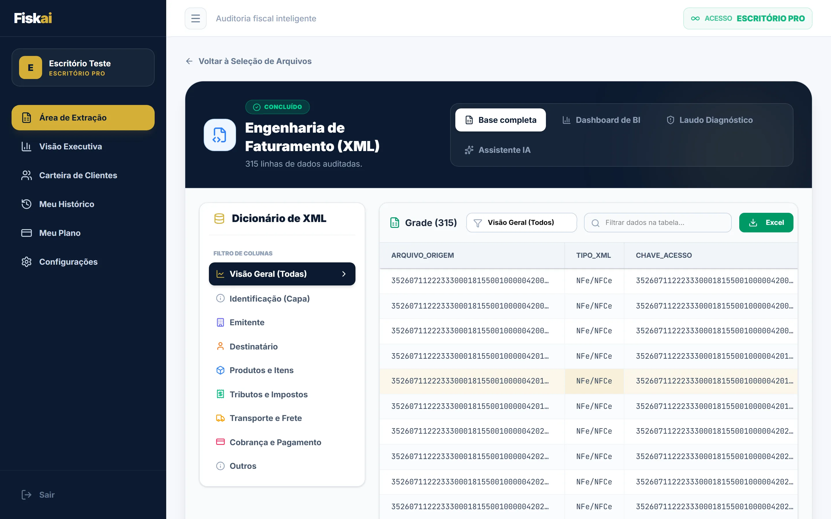 Grade de dados do Fiskai com a coluna CHAVE_ACESSO exibindo a chave de 44 dígitos por inteiro, como texto.