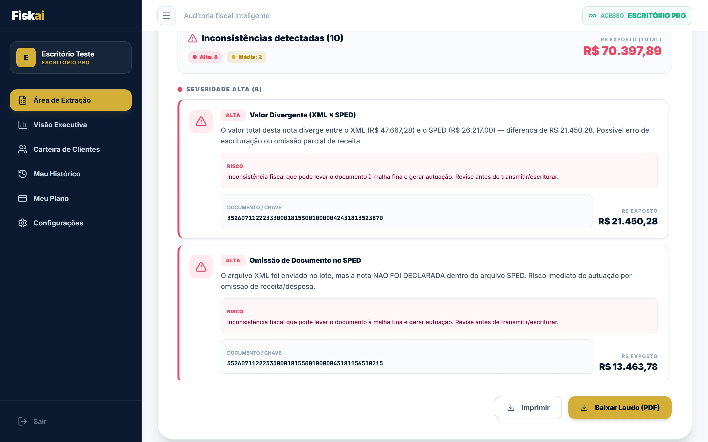 Cruzamento SPED × XML no Fiskai: 10 inconsistências e R$ 70.397,89 exposto, com uma divergência de valor entre XML e SPED e uma nota emitida sem escrituração, cada uma com a chave de acesso e o valor exposto.